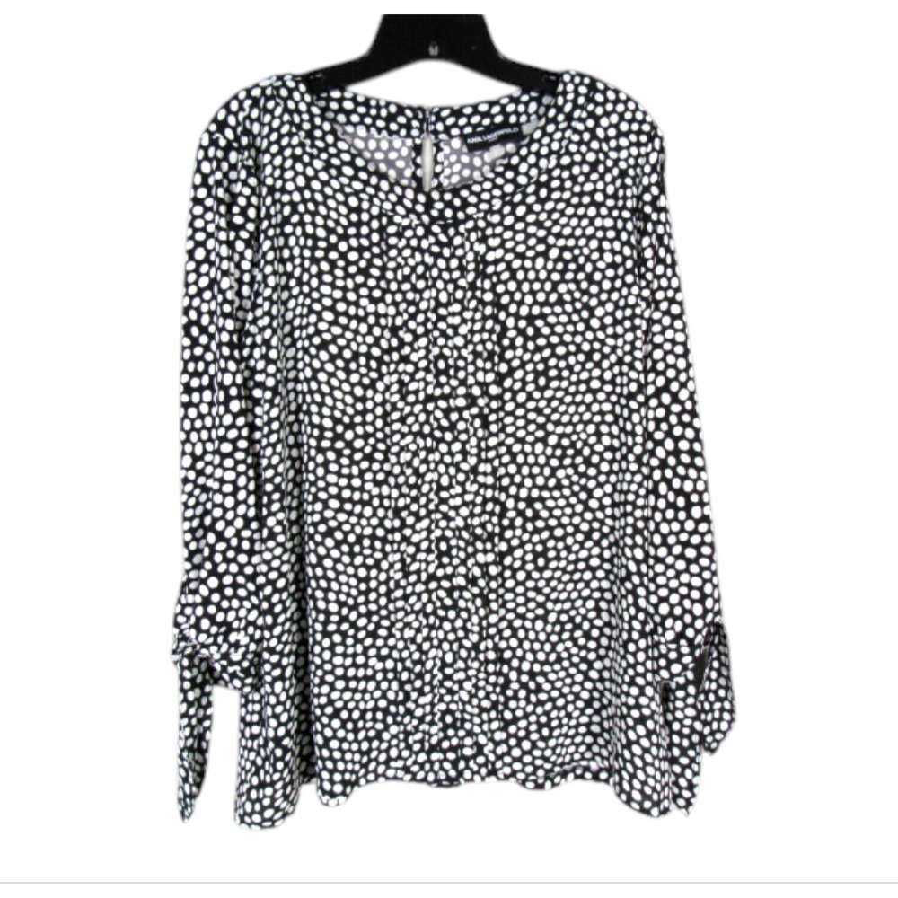 KARL LAGERFELD Black/White CREPE Polka-Dot Print TIE CUFF Pleated BLOUSE/TOP L